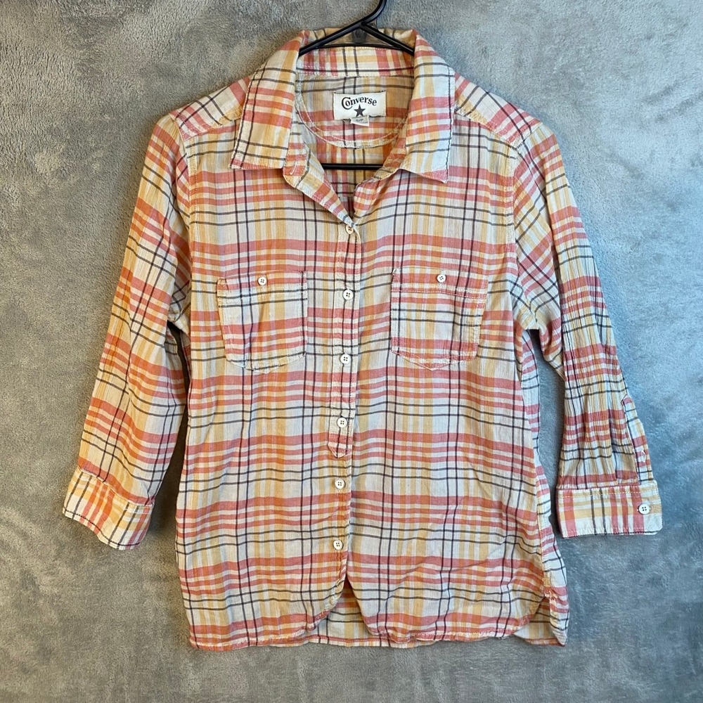 Converse Button Down Shirt Womens Small Plaid Orange 3/4 Sleeve EUC